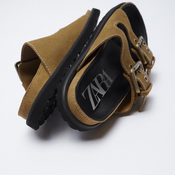 Zara Brown Leather Buckled Flat Sandals, size 9 - Picture 3 of 9